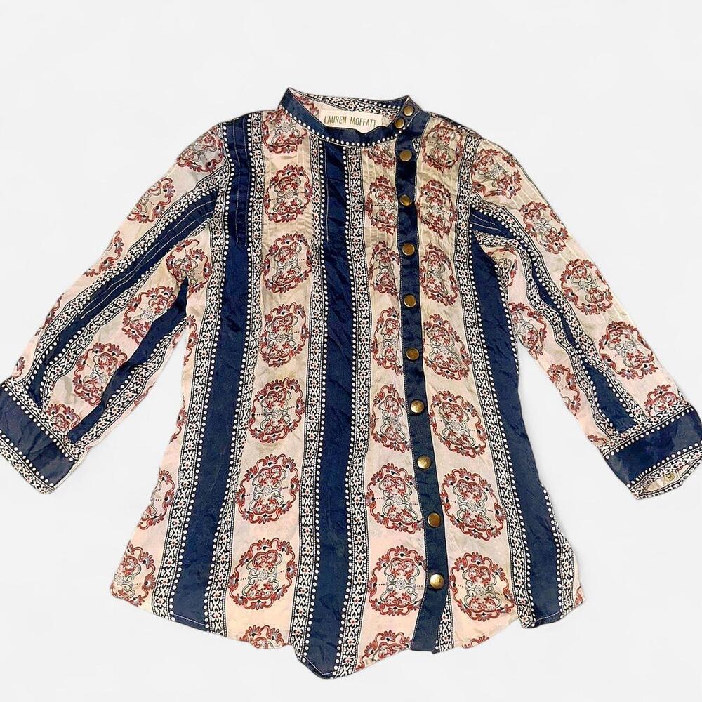 Navy & Cream Printed Button Front Blouse